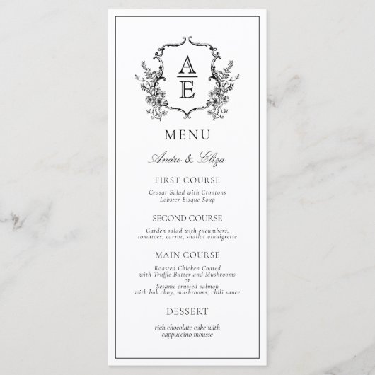 Klassiek Botanische Bloemen Monogram Crest Menu (Voorkant)
