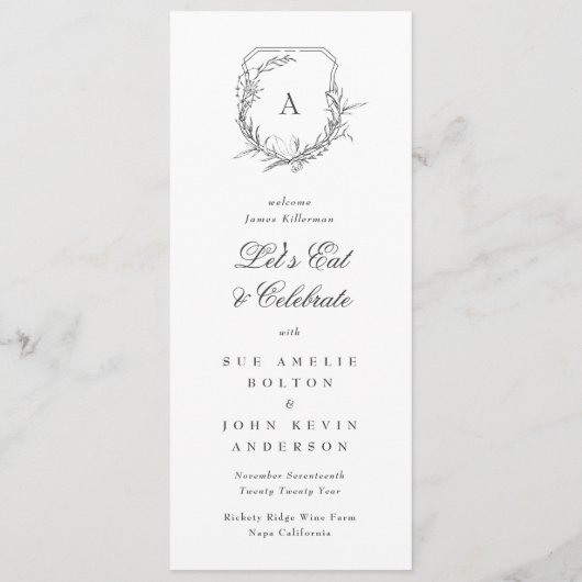 Klassiek botanische kuif monogram bruiloft menu (Achterkant)