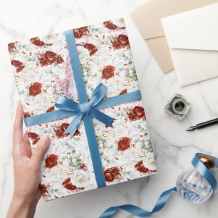Klassiek Bourgondië Rood Bloemmotief Botanisch Bla Cadeaupapier