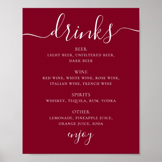 Klassiek Bourgondisch Trouwbar Drankmenu in Script Poster (Voorkant)