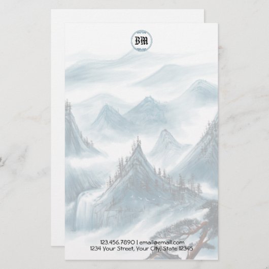 Klassiek briefpapier met blauwe berglandschap en w (Voorkant / Achterkant)