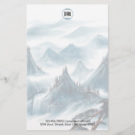 Klassiek briefpapier met blauwe witte bergen er op (Voorkant)