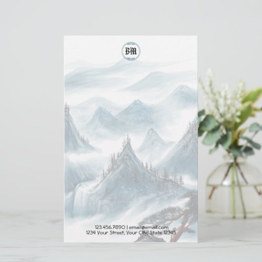 Klassiek briefpapier met blauwe witte berglandscha (Staand voorkant)