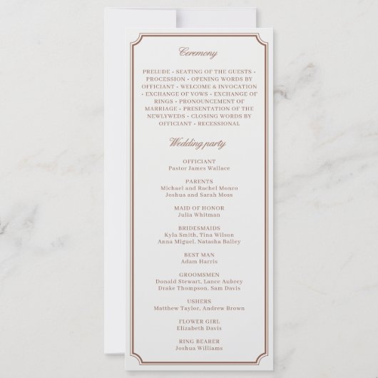 Klassiek bruin & Ecru bruiloft programma (Achterkant)