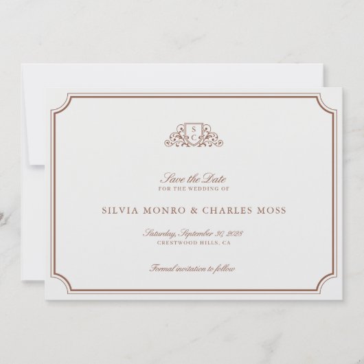 Klassiek Bruin/Ecru Huwelijk Monogram Sla de datum (Voorkant)