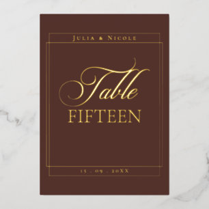 Klassiek bruin rand trouwtafel nummervoor teken folie uitnodiging