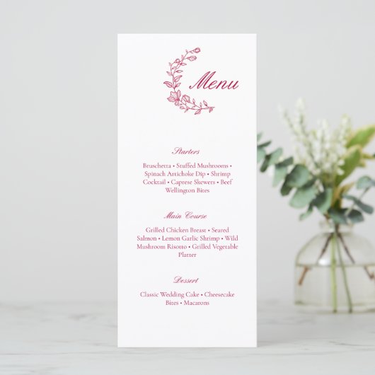 Klassiek Burgundy bruiloftsmenu met bloemaccent Menu (Staand voorkant)
