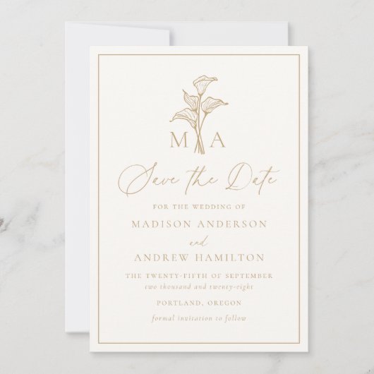 Klassiek Champagne Calla Lily Monogram Huwelijk Save The Date (Voorkant)