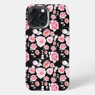 Klassiek chique roze bloempatroon op zwart iPhone 13 pro max hoesje