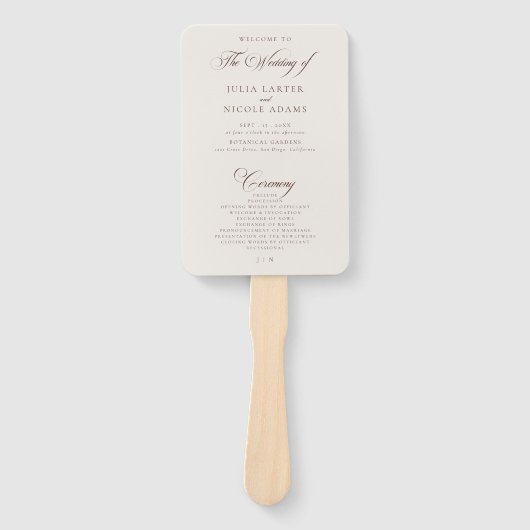 Klassiek Choco Ivoor Calligrafie Huwelijksprogramm Handwaaier (Voorkant)