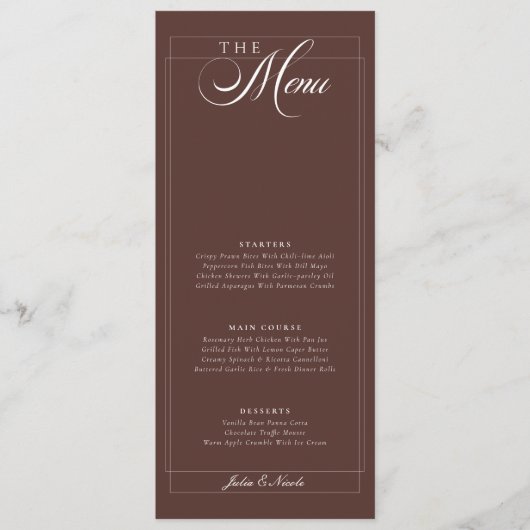 Klassiek chocolade ivoor kalligrafie trouwmenu menu (Voorkant)