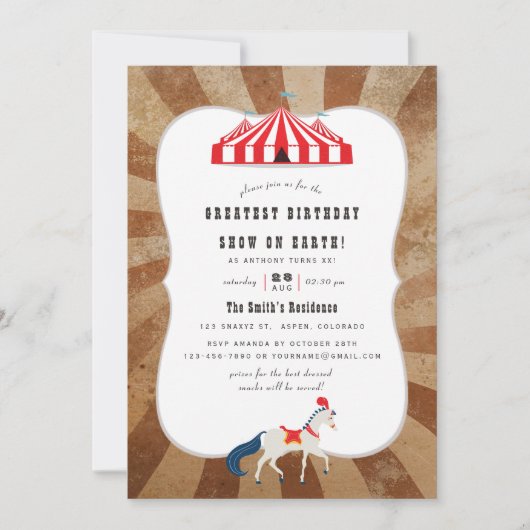 Klassiek circus thema verjaardagsfeestje kaart (Voorkant)