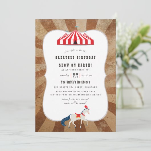 Klassiek circus thema verjaardagsfeestje kaart (Staand voorkant)