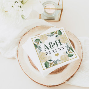 Klassiek Crème Goud Bloemhart Monogram Bruiloft Servet