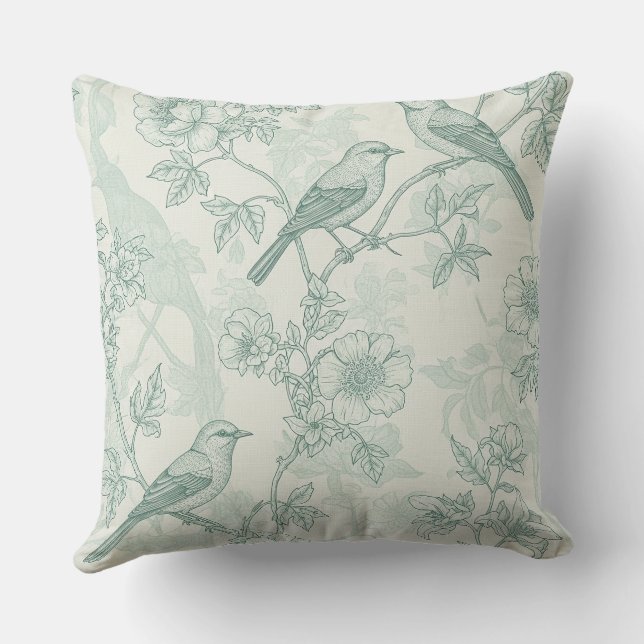 Klassiek Crème Munt Vogeltuin Toile Patroon Kussen (Achterkant)