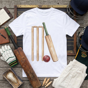 Klassiek cricketbat en -bal in waterverf t-shirt