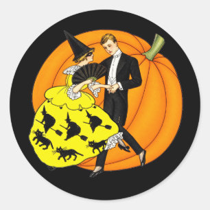 Klassiek dansend Halloween-koppel Pompoen Ronde Sticker