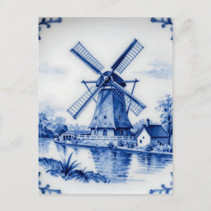 Klassiek Delfts Blauwe Molen Gracht Scene Briefkaart