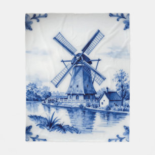 Klassiek Delfts Blauwe Molen Gracht Scene Fleece Deken
