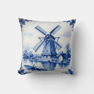 Klassiek Delfts Blauwe Molen Gracht Scene Kussen