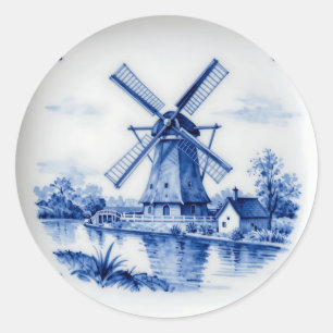 Klassiek Delfts Blauwe Molen Gracht Scene Ronde Sticker
