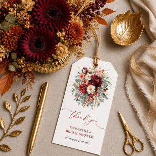 Klassiek dieprode bloemige herfst bruiloftsshower  cadeaulabel