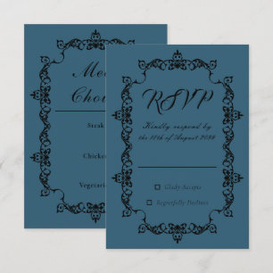 Klassiek donker tealblauw rijkelijk omlijst trouwf RSVP kaartje