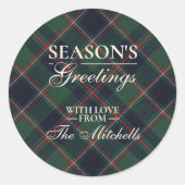 Klassiek donkerblauw rood groen ruitpatroon ronde sticker (Voorkant)