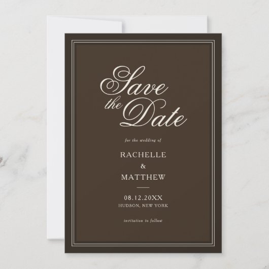 Klassiek donkerbruin oude rijke bruiloft save the date (Voorkant)