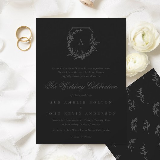 Klassiek donkergrijs zwart monogram bruiloft crest kaart