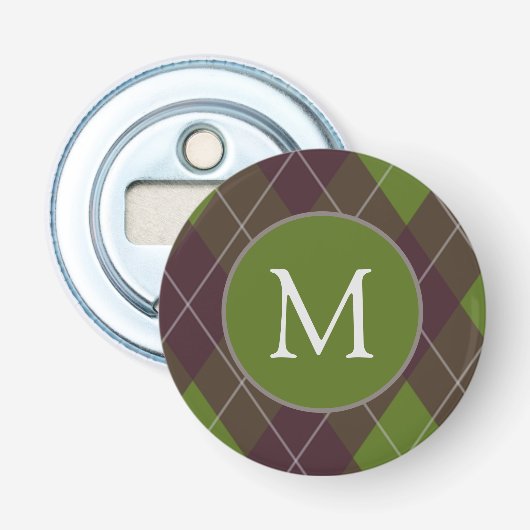 Klassiek donkergroen argylepatroon met monogram button flesopener (Voorkant)