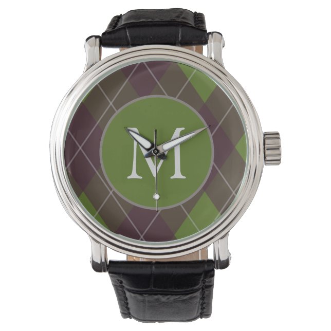 Klassiek donkergroen argylepatroon met monogram horloge (Voorkant)