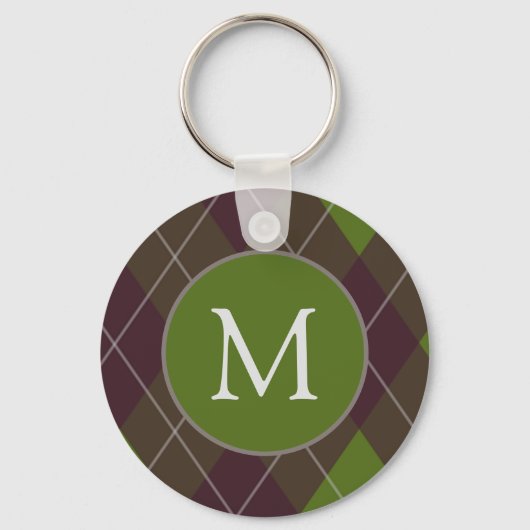 Klassiek donkergroen argylepatroon met monogram sleutelhanger (Voorkant)