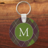 Klassiek donkergroen argylepatroon met monogram sleutelhanger (Voorkant)