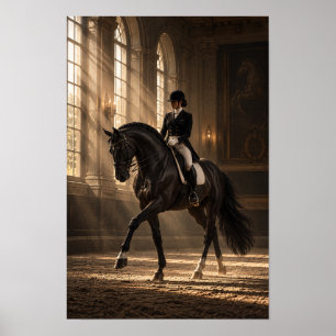 Klassiek dressuurpaard in grote rijhal aan de muur poster