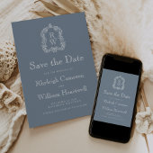 Klassiek Dusty Blue Monogram Crest Script Save The Date