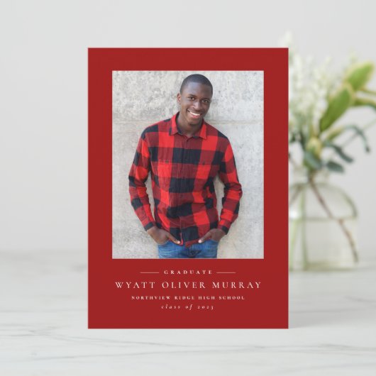 Klassiek één foto rood afstuderen aankondiging (Staand voorkant)
