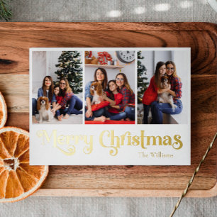 Klassiek Eenvoudig 3 foto Merry Christmas Gold Folie Feestdagenkaart