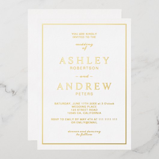 Klassiek, eenvoudig elegant, gouden, witte script folie uitnodiging (Voorkant / Achterkant)