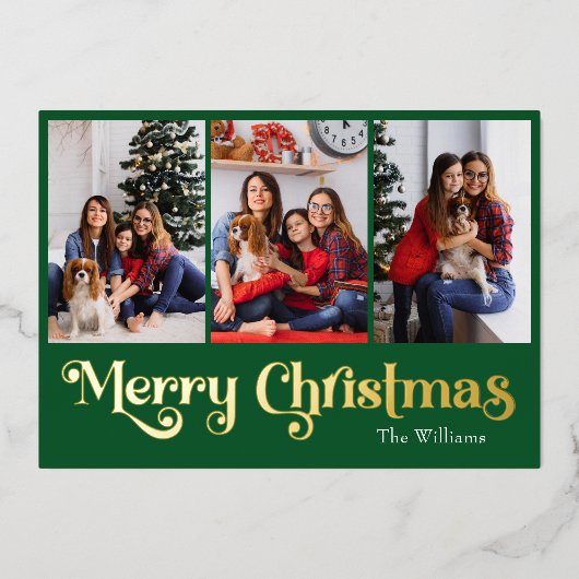 Klassiek Eenvoudig Groen 3 foto Merry Christmas Go Folie Feestdagenkaart (Voorkant)