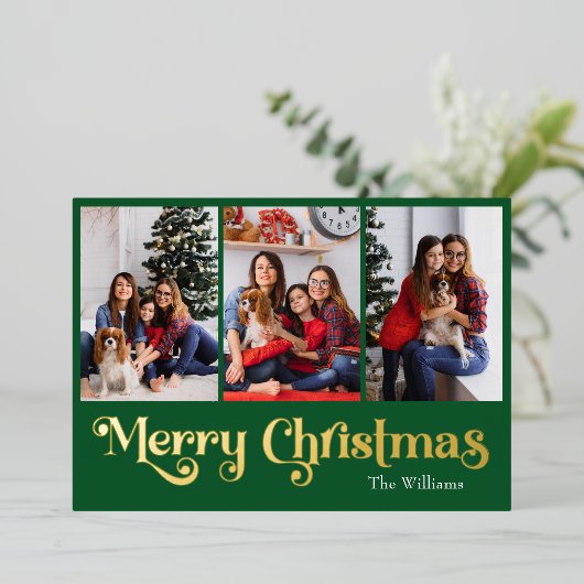 Klassiek Eenvoudig Groen 3 foto Merry Christmas Go Folie Feestdagenkaart (Staand Voorkant)