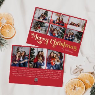 Klassiek Eenvoudig Rood Negen-foto Merry Christmas Folie Feestdagenkaart