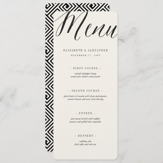Klassiek Eenvoudig script Geometric Greek Key Wedd Menu (Voorkant / Achterkant)