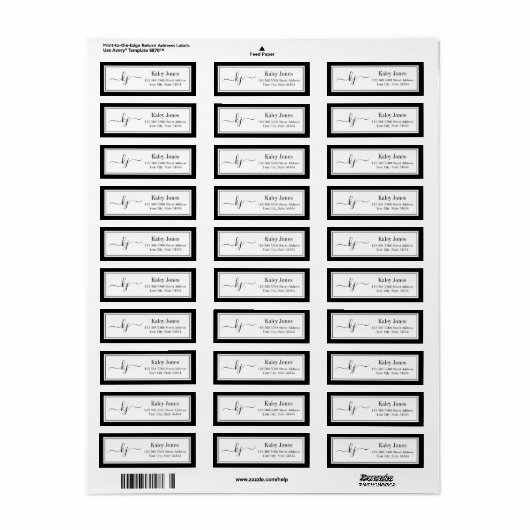 Klassiek eenvoudig zwart monogram wit adres etiket (Full Sheet)