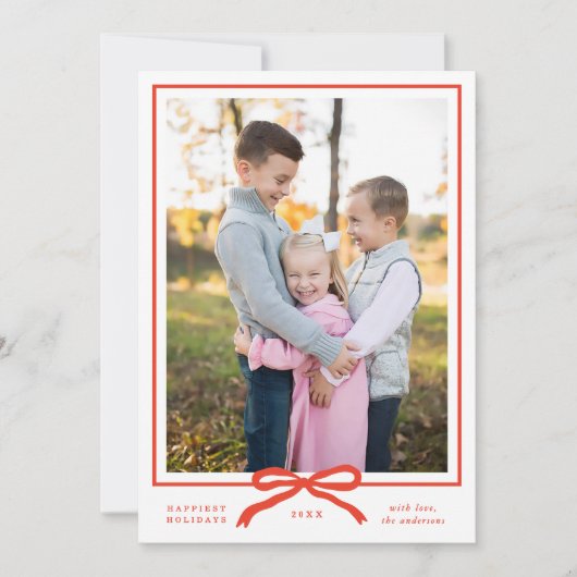 Klassiek Elegaant Modern Rode Strik Eén Foto Feestdagenkaart (Voorkant)