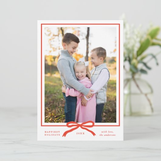Klassiek Elegaant Modern Rode Strik Eén Foto Feestdagenkaart (Staand voorkant)