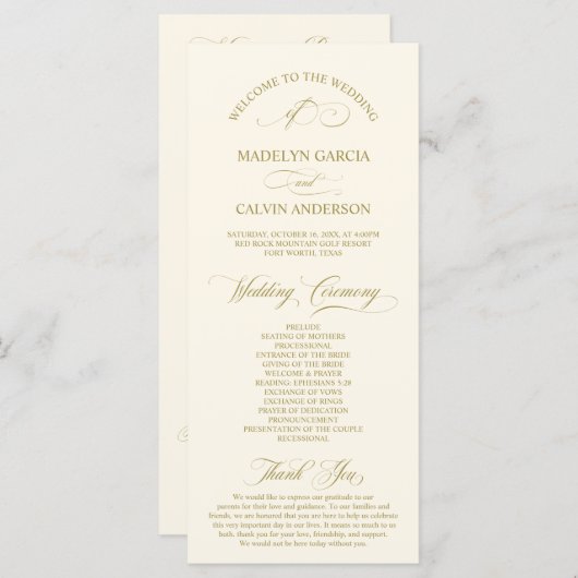 Klassiek Elegance Gold Script, huwelijksceremonie Programmakaart (Voorkant / Achterkant)