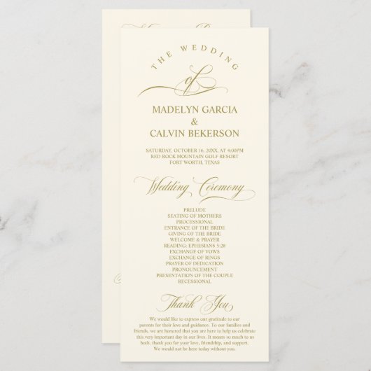 Klassiek Elegance Gold Script, huwelijksceremonie Programmakaart (Voorkant / Achterkant)