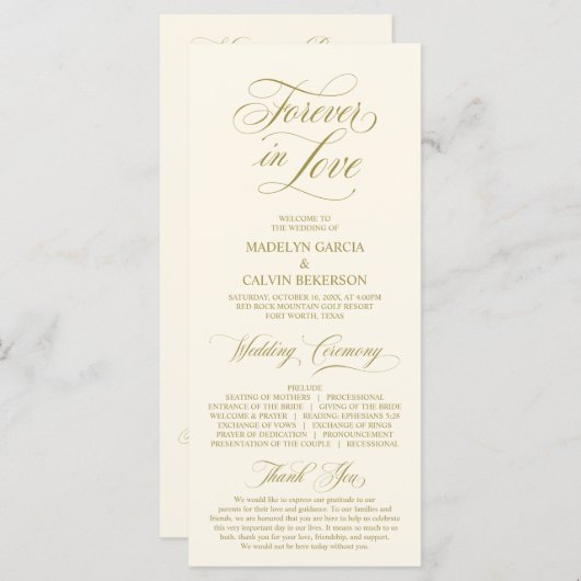 Klassiek Elegance Gold Script, huwelijksceremonie Programmakaart (Voorkant / Achterkant)