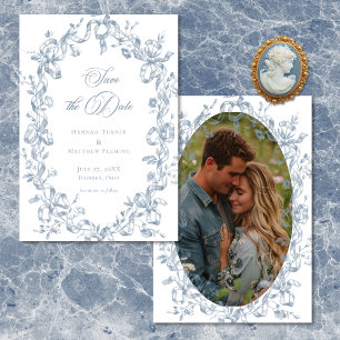 Klassiek Elegant Blauw Bloem lint Foto Huwelijk Save The Date